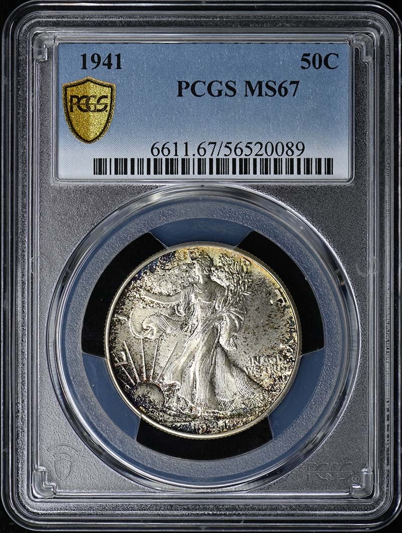 1941 50C Walking Liberty Half Dollar PCGS MS67: 1941 50C Walking Liberty Half Dollar PCGS MS67 Experience the iconic design of the 1941 Walking Liberty Half Dollar, certified by PCGS as MS67, one of the highest grades awarded for circulated coins.