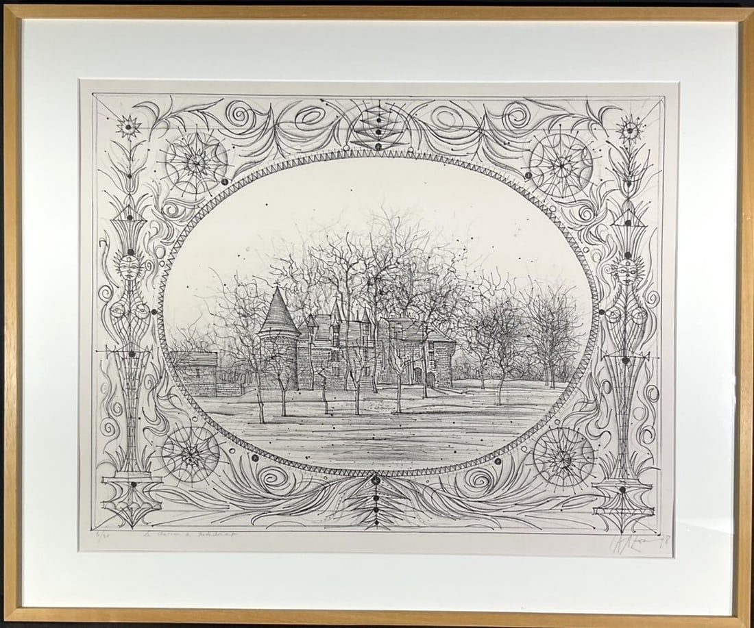 Jean Carzou Lithograph Chateau Rochechouart Signed French Surreal Architecture: Jean Carzou Lithograph Chateau Rochechouart Signed French Surreal Architecture Experience the dreamlike world of French Surrealist artist Jean Carzou with this stunning lithograph print, signed by the
