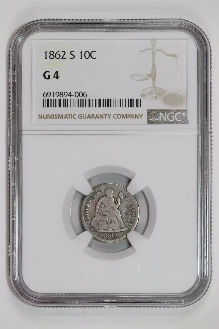 1862-S SEATED LIBERTY DIME NGC G4 (1 of 2)
