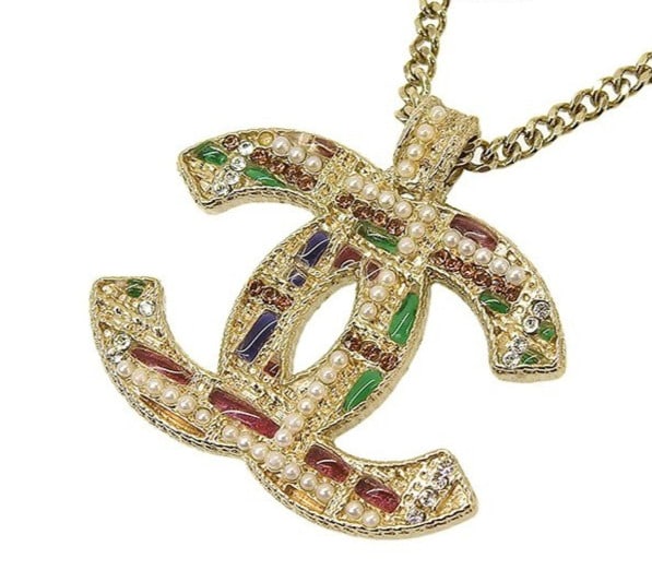 CHANEL A19B Coco Mark CC Faux Pearl and Rhinestone Gold tone Pendant Necklace (1 of 8)