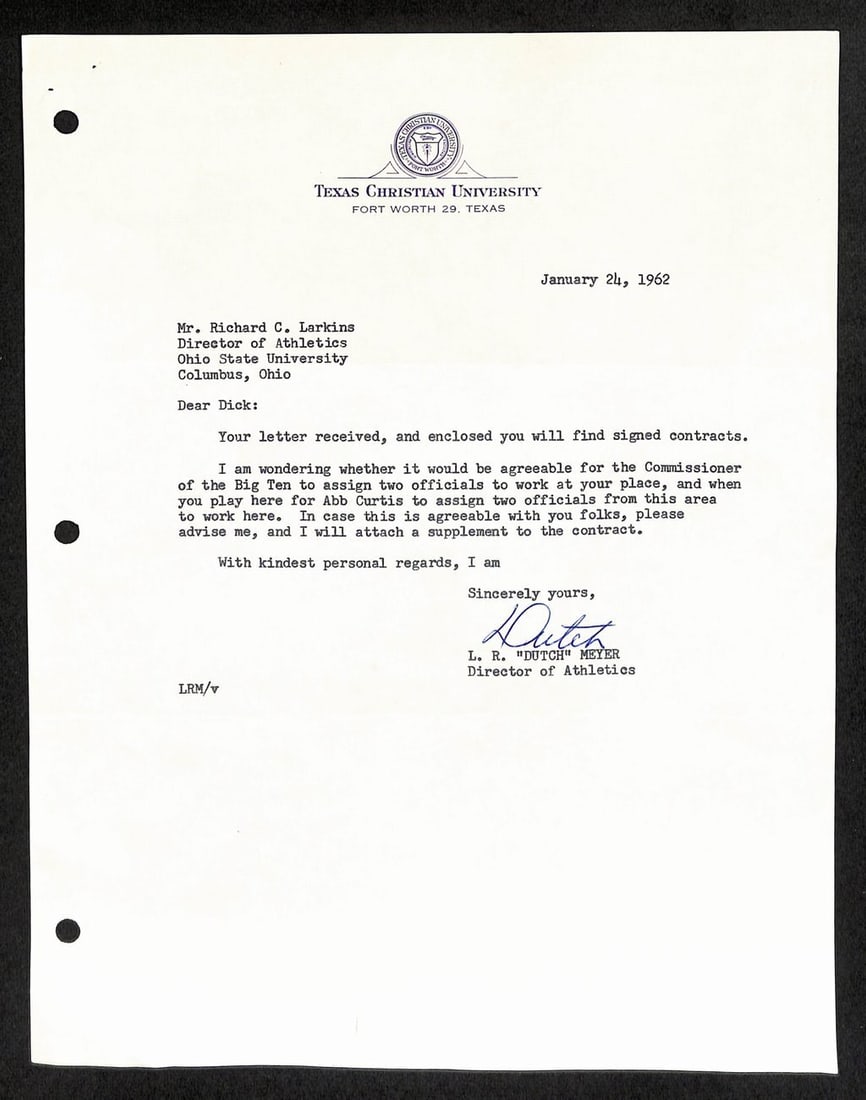 L.R. "Dutch" Meyer Signed 1962 TLS Letter Texas Christian University JSA 185581: L.R. "Dutch" Meyer Signed 1962 TLS Letter Texas Christian University JSA 185581 Get ready to own a piece of football history with this incredible signed letter from Ray Perkins, the legendary coach