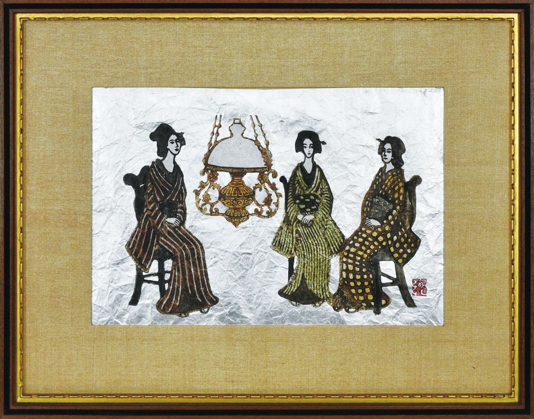 Sumio Kawakami woodblock print Light geisha kimono silver washi paper Japanese (1 of 1)