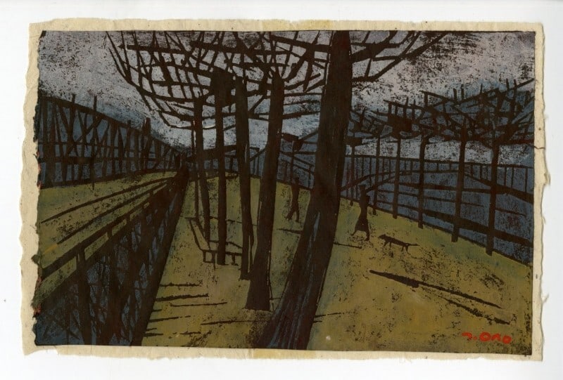 Tadashige Ono woodblock park cherry blossom trees people dogs autograph writing (1 of 2)