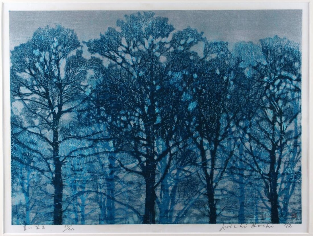 Joichi Hoshi Blue Grove 1972 Japanese Woodblock Print Signed ED33/ 210 Framed (1 of 7)