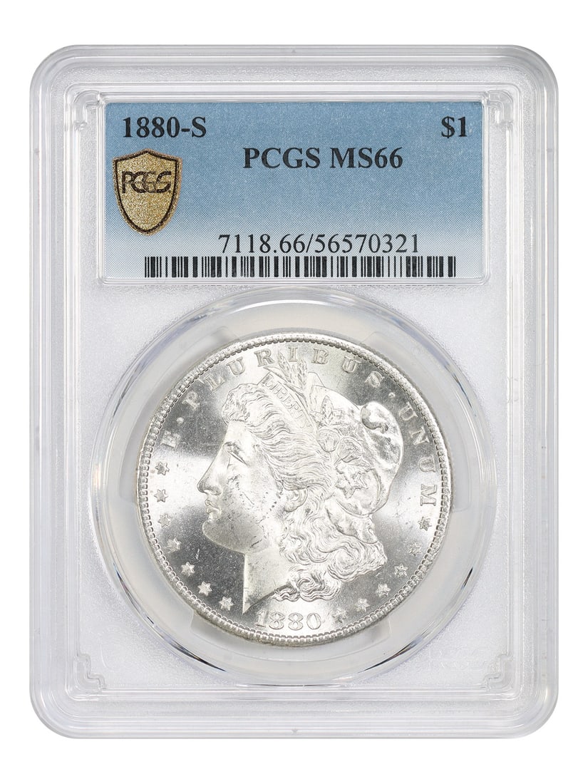 1880-S $1 PCGS MS66 - Morgan Dollar: 1880-S $1 PCGS MS66 - Morgan Dollar Experience the majesty of the 1880-S Morgan Dollar, graded MS66 by PCGS, with its stunning San Francisco mint mark and exceptional condition. This highly sought-aft