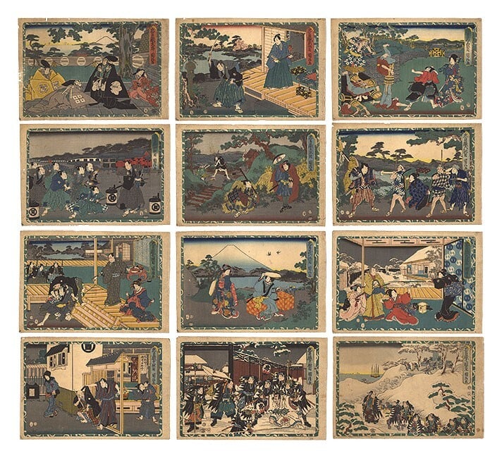 WB Kunikiyo Japan Woodblock Prints Kabuki Snow Loyal Retainers Set of 12 1857s (1 of 12)