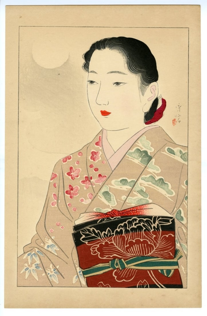 Beautiful Woman kimono Japanese makeup woodblock printing 1938 by Yamakawa Shuho. (1 of 1)