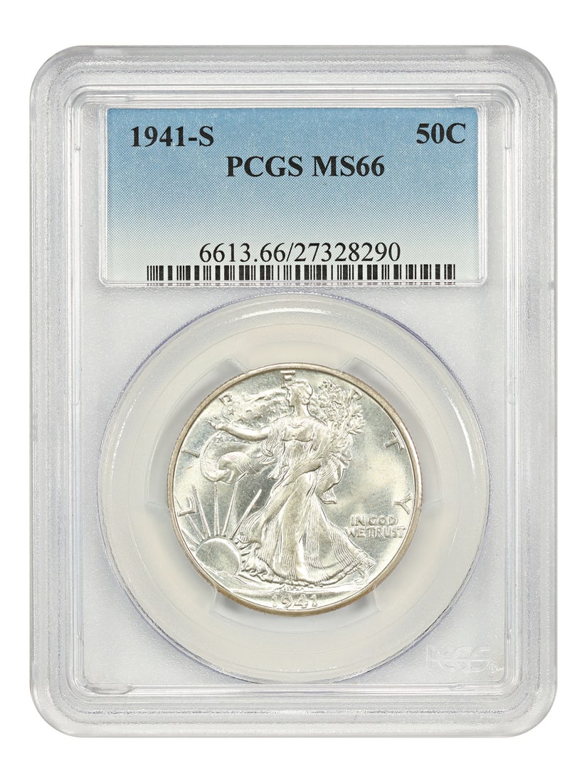 Walking Liberty Half Dollar 1941-S MS66: Walking Liberty Half Dollar 1941-S MS66 Experience the iconic Walking Liberty Half Dollar from 1941, certified by PCGS as MS66, with stunning San Francisco Mint marks that add to its rarity and