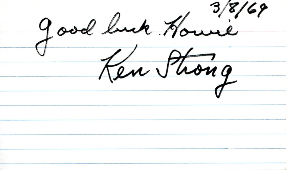 Ken Strong Autographed Card: Ken Strong Autographed Card Meet the ultimate collectible for any baseball fan - a rare and authentic autographed card from Ken Strong, signed in black sharpie across the front of this 3x5 card.