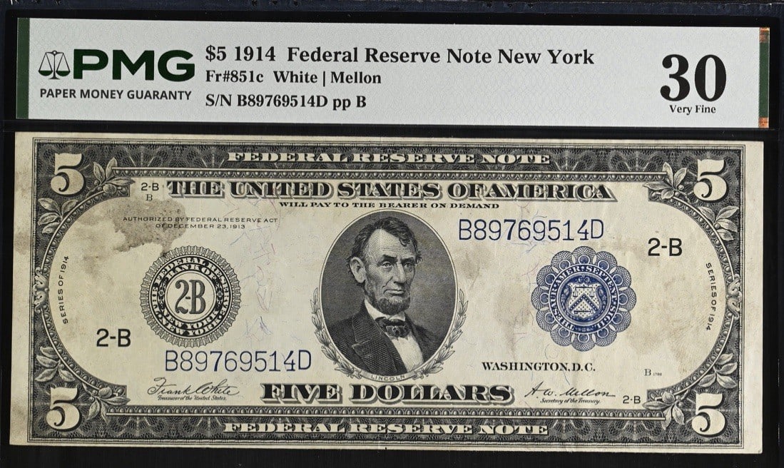 1914 $5 BLUE SEAL FEDERAL RESERVE NOTE NEW YORK FR. 851C VF 30 STAINS (1 of 2)