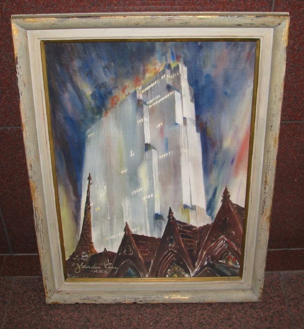 J. Gordon Carr A.W.S. Framed Watercolor Painting of RCA Building in NYC (1 of 5)