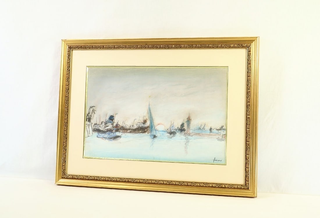 Jean Fusaro France Signed Framed Original Pastel Painting at Dawn Harbor (1 of 10)