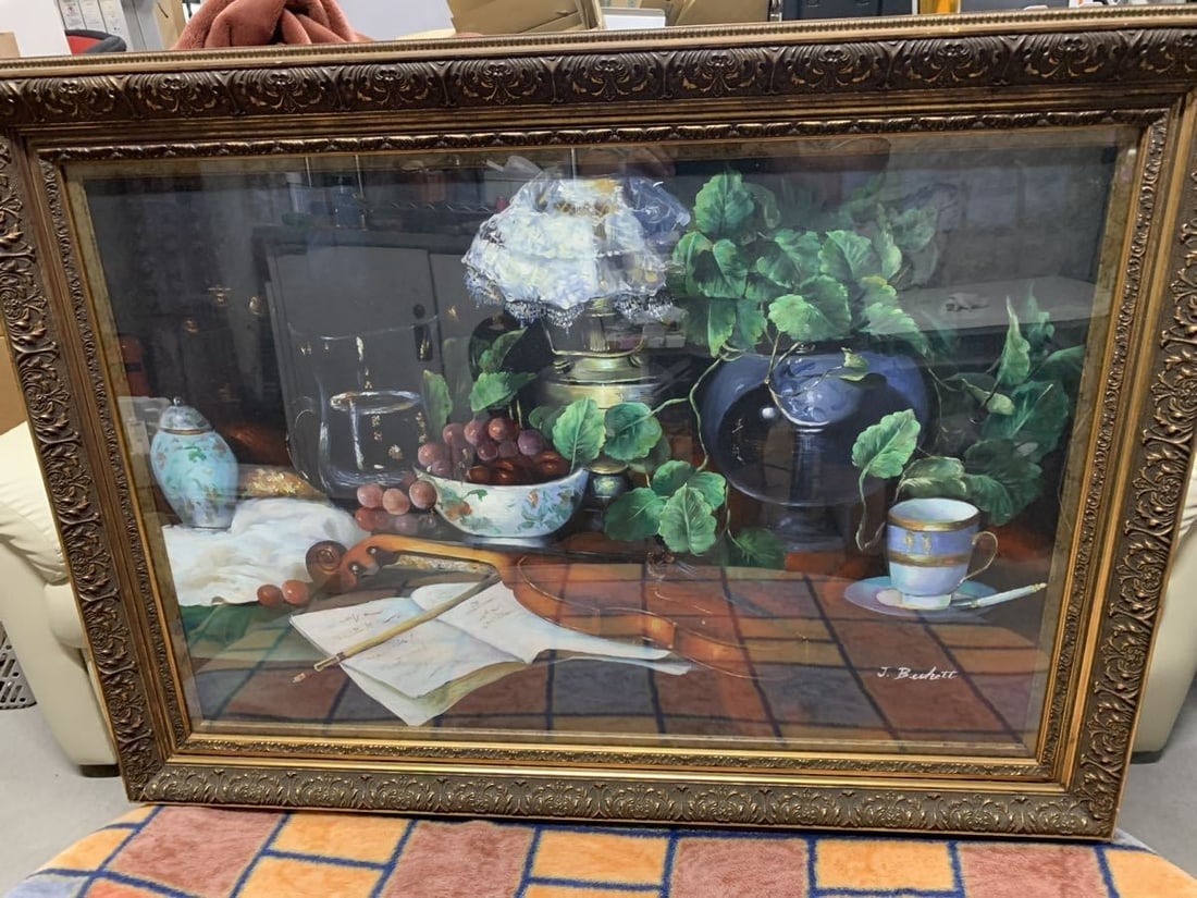 Oil painting of a large still life with violin and grapes by J. Beckett (1 of 8)