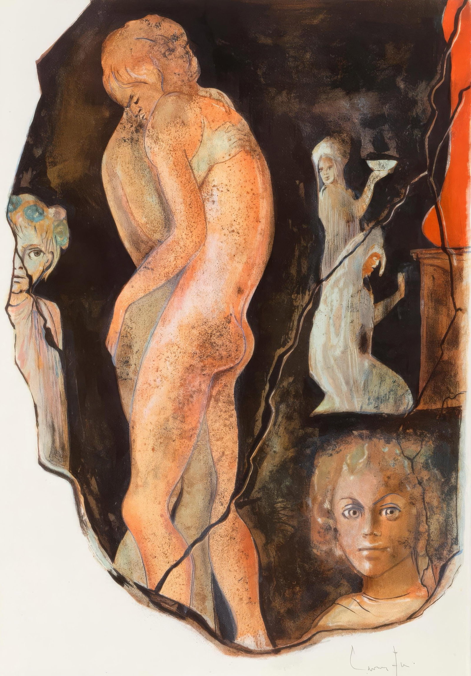 Lithograph by Leonor Fini, from Satiricon, 1970.: Lithograph by Leonor Fini, from Satiricon, 1970. A stunning lithograph by Leonor Fini, Sans titre (Untitled) from the 1970 edition of Satiricon, showcases Fini's visionary and psychologically charged