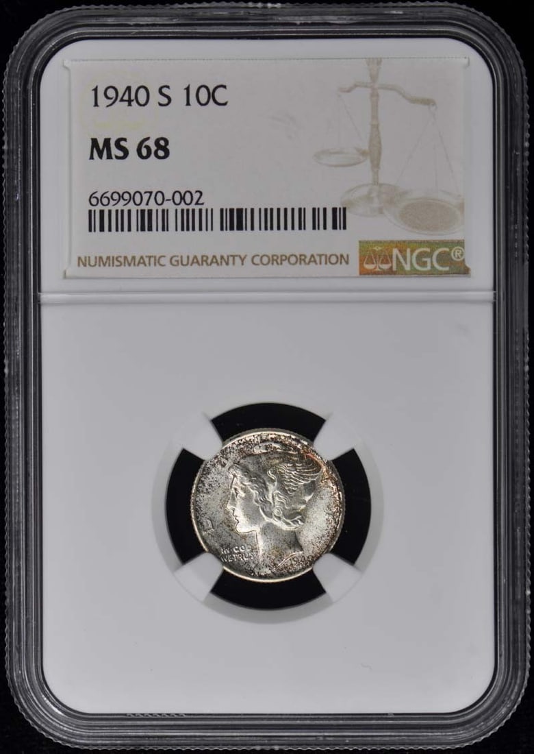 NGC MS68 1940-S Mercury Dime: NGC MS68 1940-S Mercury Dime Experience the beauty of American numismatics with this stunning 1940-S Mercury Dime, certified MS68 by NGC. As one of the rarest and most sought-after dimes in