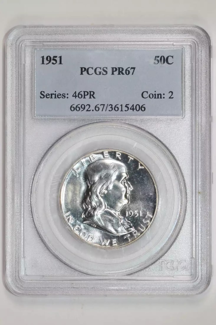 1951 PROOF FRANKLIN HALF DOLLAR PCGS PR67 - VERY PQ: 1951 PROOF FRANKLIN HALF DOLLAR PCGS PR67 - VERY PQ Experience the rare beauty of a 1951 Proof Franklin Half Dollar, certified by PCGS as PR67, one of the highest grades for this iconic coin. Struck