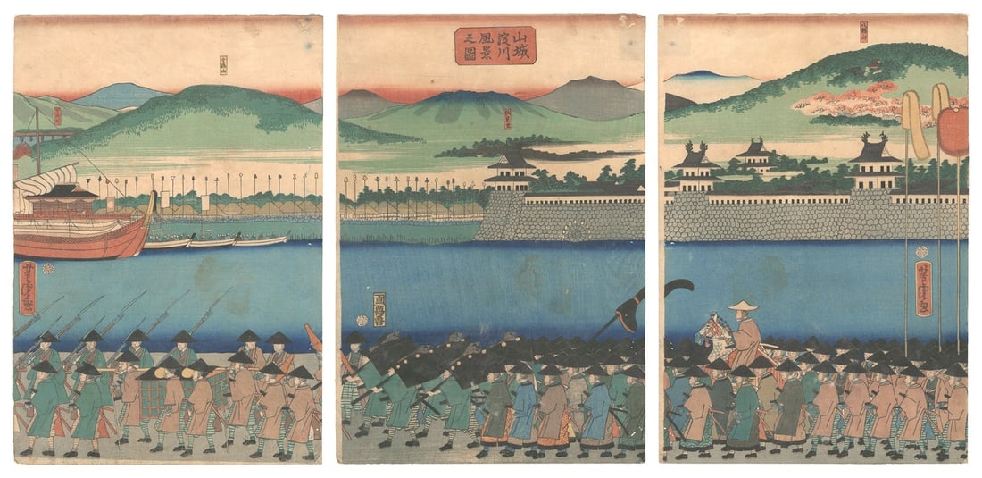 Japan yodo river people kimono woodblock print landscape architecture: Japan yodo river people kimono woodblock print landscape architecture Experience the serene beauty of Japan's yodo river landscape, as depicted in an exquisite woodblock print from the 19th century