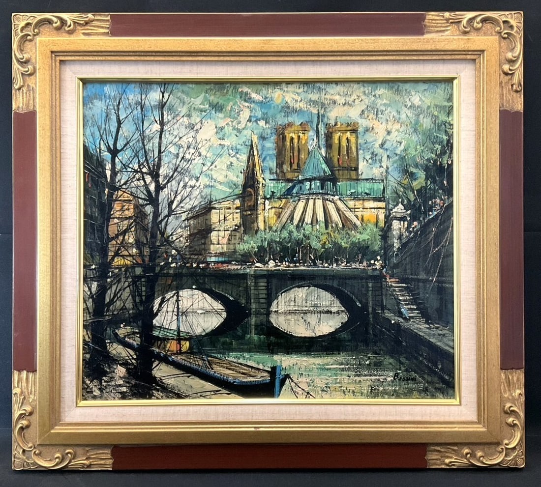 Luigi Bassini Oil Painting Paris Seine River Notre Dame Landscape Large Framed (1 of 10)