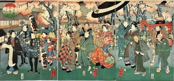 Kochoro Kunisada woodblock print triptych Asakusa Temple Dolls Japanese geisha (1 of 1)