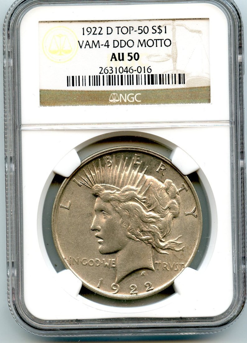 C5349- 1922-D VAM-4 DDO MOTTO TOP 50 PEACE DOLLAR NGC AU50: C5349- 1922-D VAM-4 DDO MOTTO TOP 50 PEACE DOLLAR NGC AU50 Experience the rare and historic 1922-D Peace Dollar, certified by NGC as AU50 in circulated condition. This highly sought-after coin is one