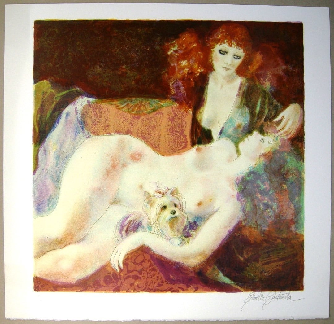 Emilia Castaneda Martinez Nude Woman & Terrier Dog Lithograph Signed 98/ 225: Emilia Castaneda Martinez Nude Woman & Terrier Dog Lithograph Signed 98/ 225 Emilia Castaneda Martinez's stunning lithograph, "Nude Woman & Terrier Dog", is a captivating contemporary art piece that s