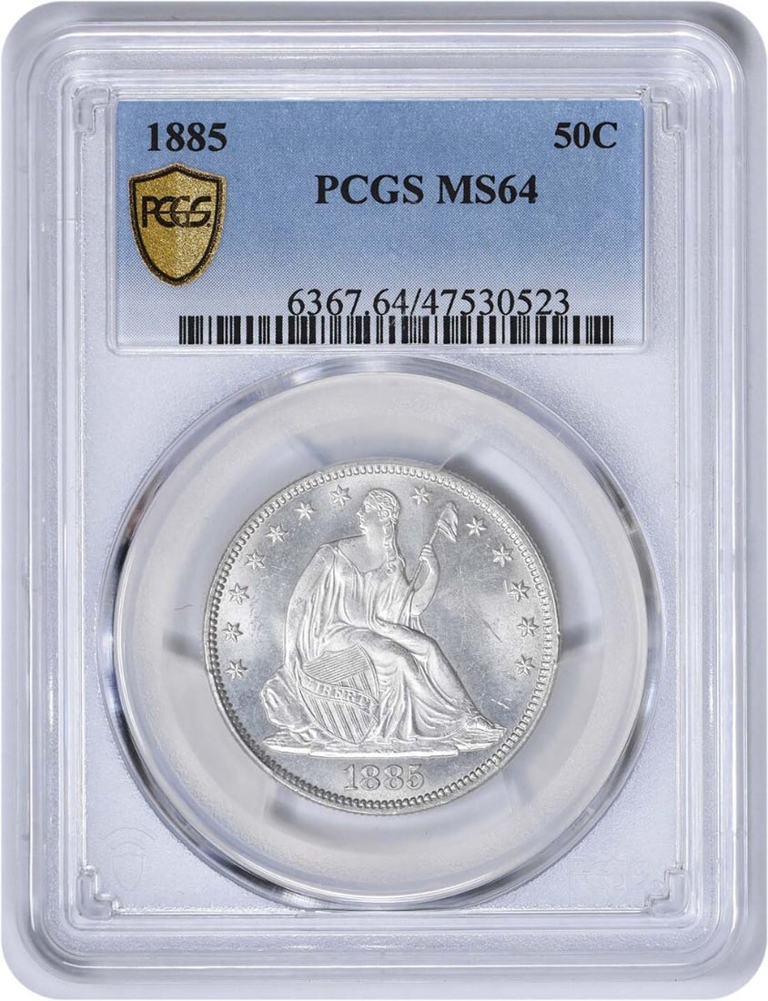 1885 Liberty Seated Silver Half Dollar MS64 PCGS: 1885 Liberty Seated Silver Half Dollar MS64 PCGS Experience the majesty of American numismatics with this stunning 1885 Liberty Seated Silver Half Dollar, graded MS64 by PCGS. With its rich history