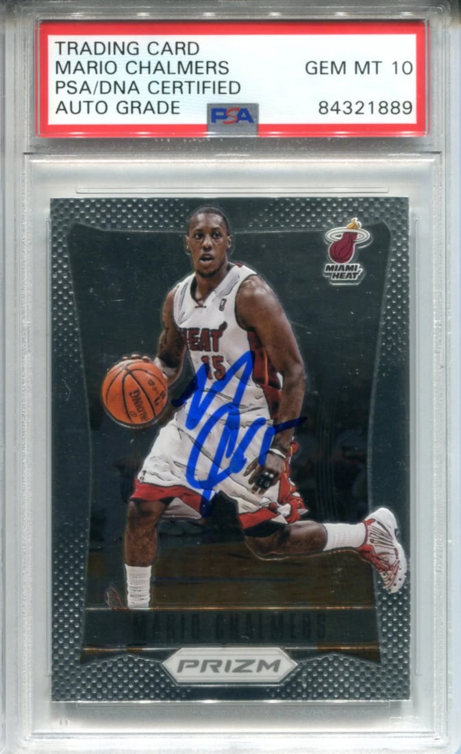 Mario Chalmers Autographed 2011-12 Panini Prizm Card (PSA): Mario Chalmers Autographed 2011-12 Panini Prizm Card (PSA) Get ready to add a touch of NBA history to your collection with this autographed Mario Chalmers 2011-12 Panini Prizm card, graded by the