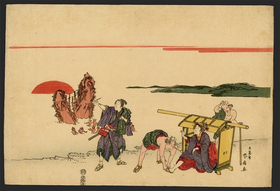 Shunsen woodblock ocean kimonos men woman kanji horizon sunset samurai sword (1 of 1)