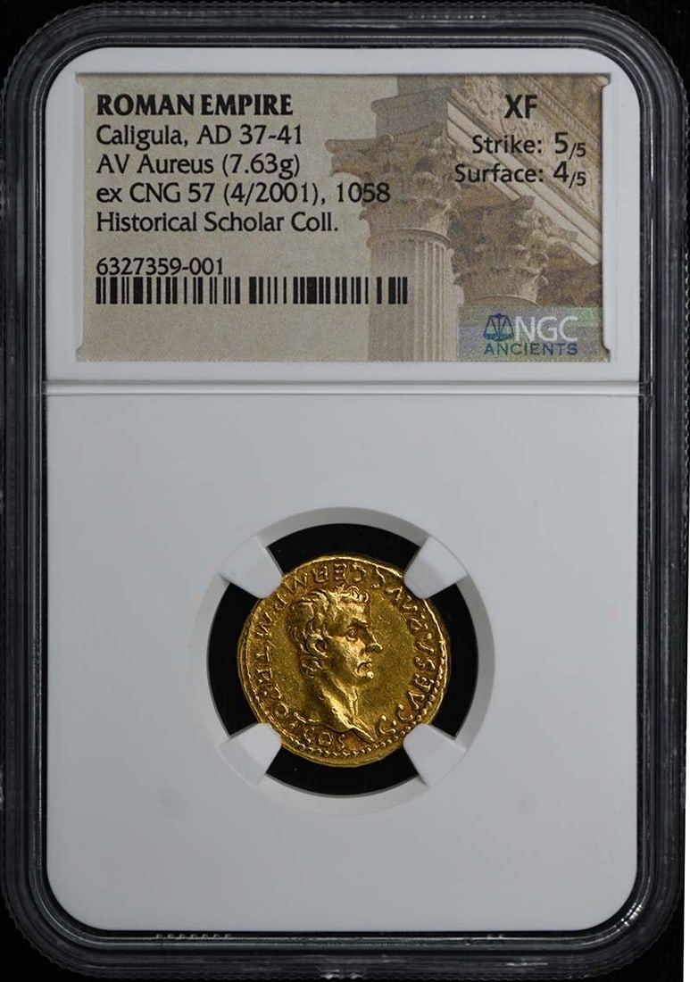 Caligula, AD 37-41 ROMAN EMPIRE AV Aureus NGC XF40 5/ 4: Caligula, AD 37-41 ROMAN EMPIRE AV Aureus NGC XF40 5/ 4 Experience the majesty of ancient Rome with this stunning Caligula AD 37-41 Roman Empire AV Aureus, certified by NGC and graded XF40. Mintage