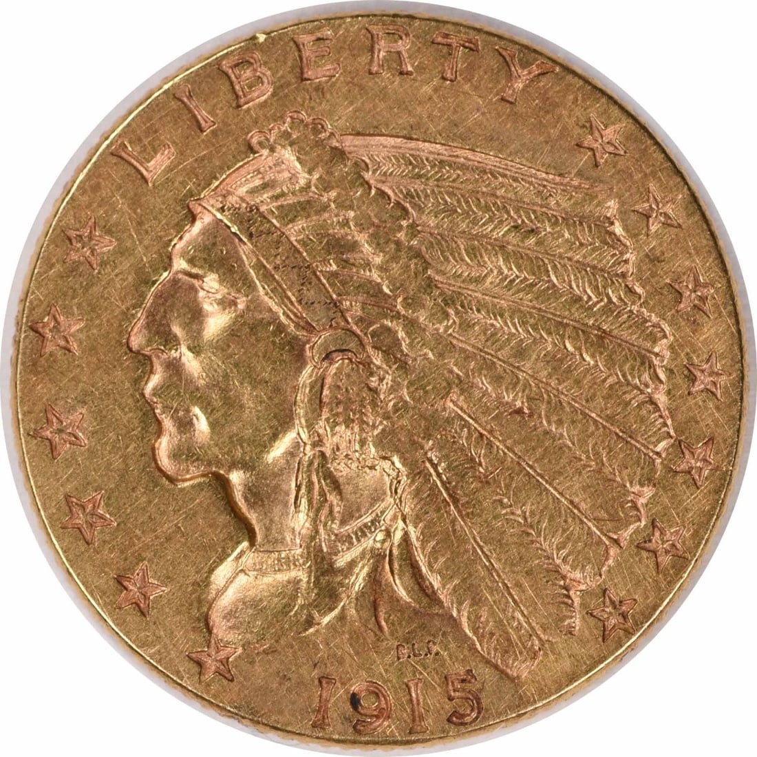 1915 $2.50 Gold Indian AU Uncertified: 1915 $2.50 Gold Indian AU Uncertified A rare and beautiful 1915 $2.50 Gold Indian coin, certified as AU Uncirculated, boasts stunning details from the Philadelphia Mint. With its rich gold