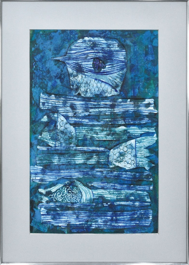 Japanese paper by unique Oshima Tetsui mixed media fossils birds flowers.: Japanese paper by unique Oshima Tetsui mixed media fossils birds flowers. Uncover the unique beauty of Oshima Tetsui's mixed media art, where delicate Japanese paper meets intricate fossils, birds,