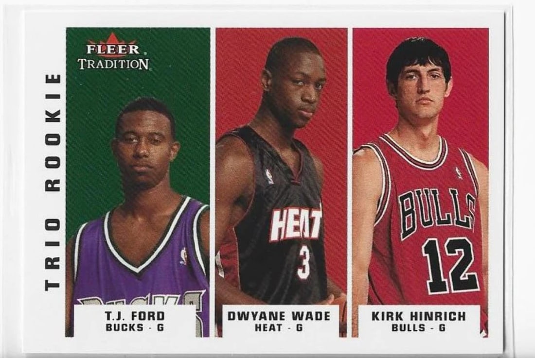T.J. Ford/ Dwyane Wade/ Kirk Hinrich 2003-04 Fleer Trio Rookie #296 Card: T.J. Ford/ Dwyane Wade/ Kirk Hinrich 2003-04 Fleer Trio Rookie #296 Card Rarity seekers, take note! This 2003-04 Fleer Trio Rookie card is a highly sought-after gem, boasting the trio of T.J. Ford,