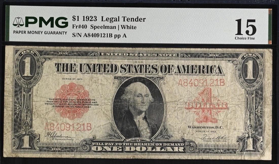 1923 $1 RED SEAL UNITED STATES NOTE FR.40 PMG F 15: 1923 $1 RED SEAL UNITED STATES NOTE FR.40 PMG F 15 Rarity seekers, take note! This 1923 $1 RED SEAL UNITED STATES NOTE FR.40 is a highly sought-after gem in the world of currency collecting. With its