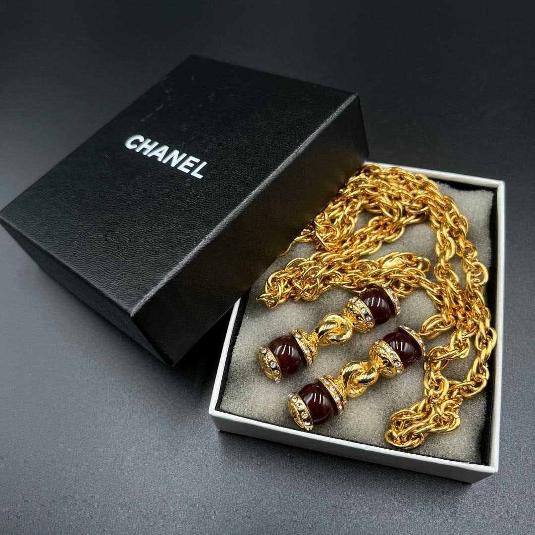 Vintage CHANEL Brown Gripoix Chain Long Necklace 39.3 inches Gold Plated w/ Box (1 of 7)