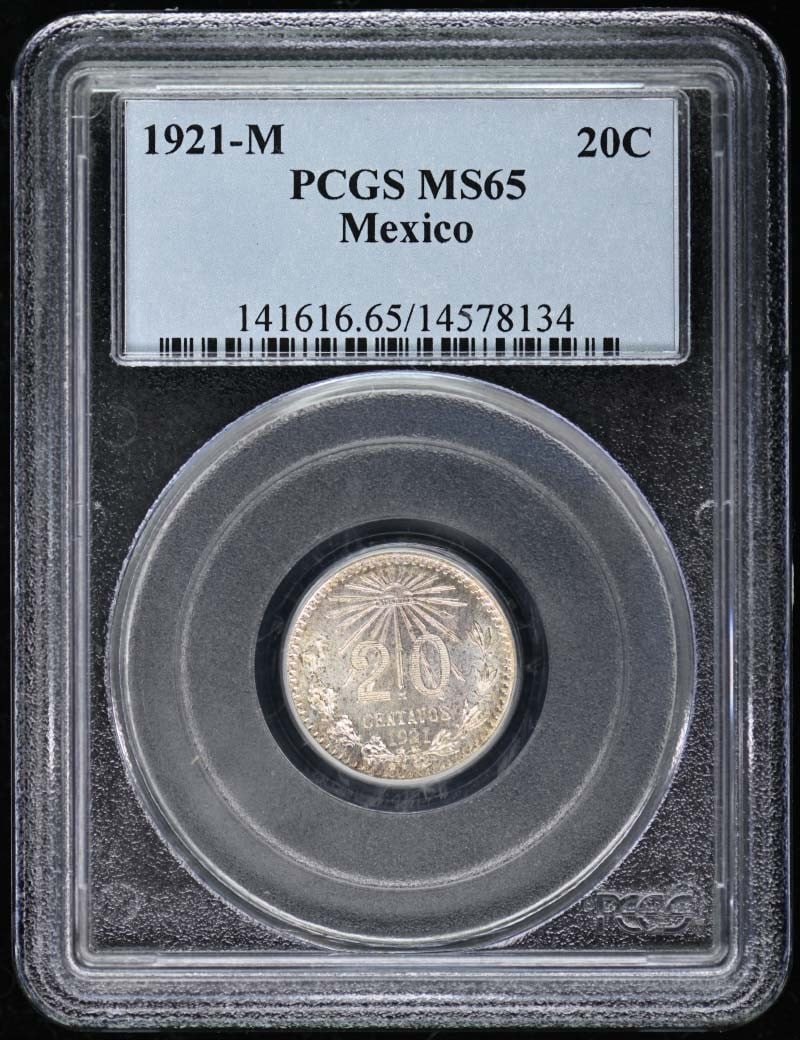 1921-Mo 20C 20 Centavos Mexico PCGS MS65: 1921-Mo 20C 20 Centavos Mexico PCGS MS65 A rare and highly graded 1921 Mexico 20 centavos coin, certified MS65 by PCGS, is up for auction. This uncirculated specimen boasts exceptional condition,