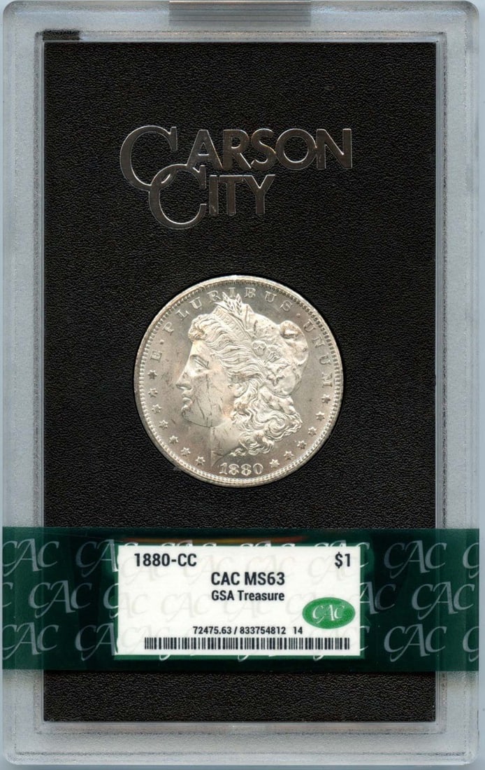 1880-CC Morgan Dollar GSA Hoard S$1 CACG MS63 CAC: 1880-CC Morgan Dollar GSA Hoard S$1 CACG MS63 CAC Experience the rarity of an 1880-CC Morgan Dollar, certified by CACG (Coin Authentication Certification Group) as MS63, with a stunning CAC grade.