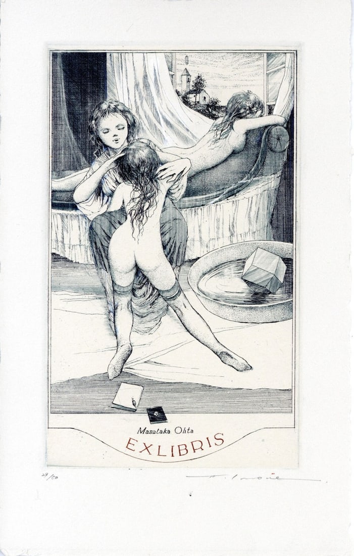 Alphonse Inoue copperplate print Girlfriend 6 1997 Exlibris signature Japanese: Alphonse Inoue copperplate print Girlfriend 6 1997 Exlibris signature Japanese A stunning copperplate print by renowned Japanese artist Alphonse Inoue, created in 1997, showcases the beauty of his