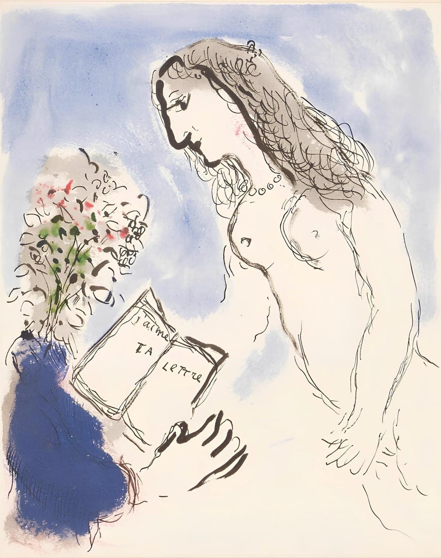 Marc Chagall Lithograph Lettres d'hivernage Composition: Marc Chagall Lithograph Lettres d'hivernage Composition A rare and exquisite Marc Chagall lithograph, Lettres d'hivernage Composition, is up for auction. Printed in 1973 on high-quality Mazarine