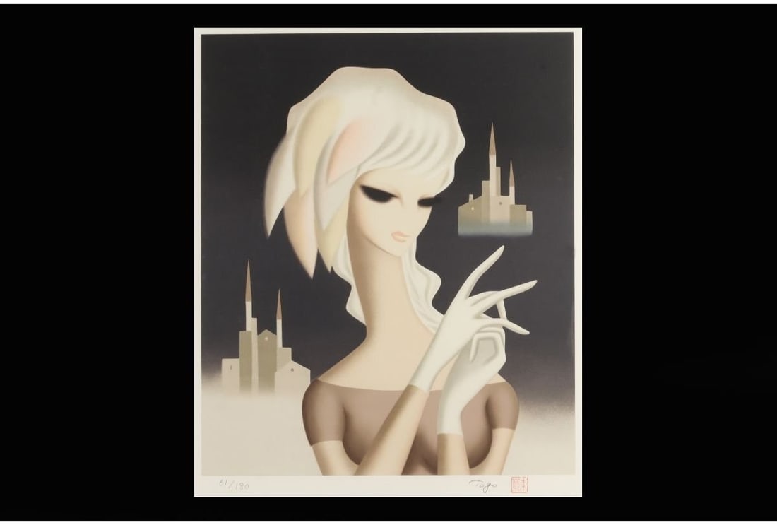 Seiji Togo silkscreen print castles person woman antiques japanese signature: Seiji Togo silkscreen print castles person woman antiques japanese signature A stunning vintage silkscreen print by renowned Japanese artist Seiji Togo, this piece showcases a striking woman standing