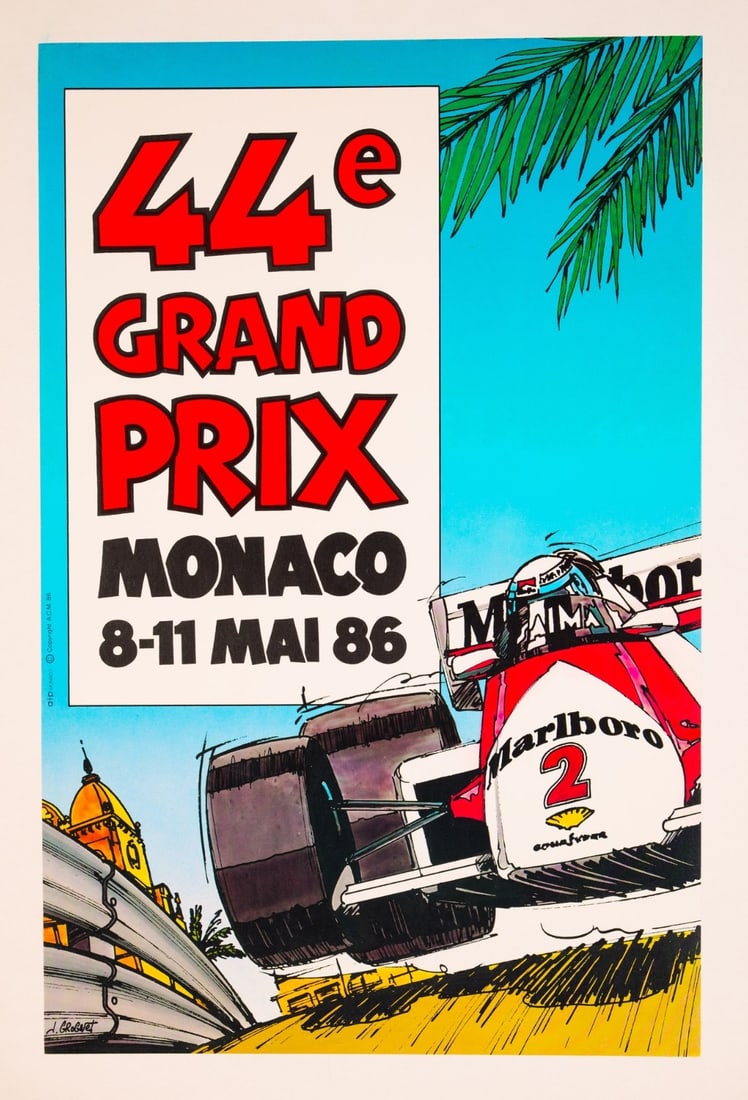 Vintage French race car poster on linen from Monaco Grand Prix 1986 (1 of 3)
