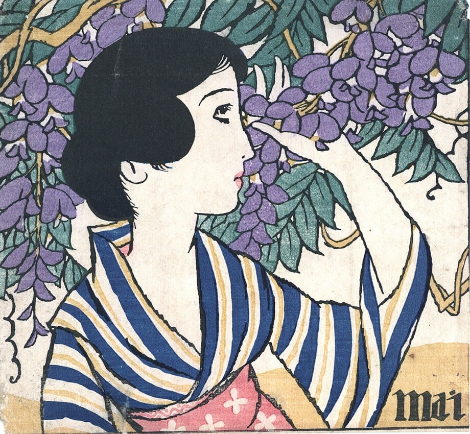 Yumeji Takehisa Japan Woodblock Prints "May" Woman Kimono Wisteria Flower 1926: Yumeji Takehisa Japan Woodblock Prints "May" Woman Kimono Wisteria Flower 1926 Experience the beauty of Yumeji Takehisa's 1926 woodblock print, "May", which captures the essence of Japan's