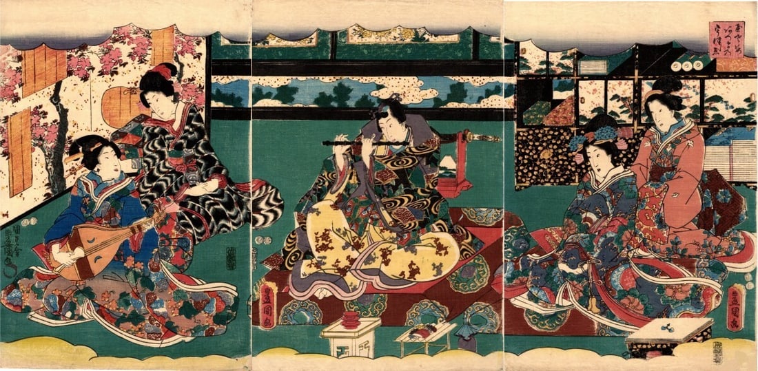 Japanese concert instruments geisha in kimono by Toyokuni woodblock print.: Japanese concert instruments geisha in kimono by Toyokuni woodblock print. Experience the elegance of 19th-century Japan with this exquisite Toyokuni woodblock print, created between 1847-1852. The vi