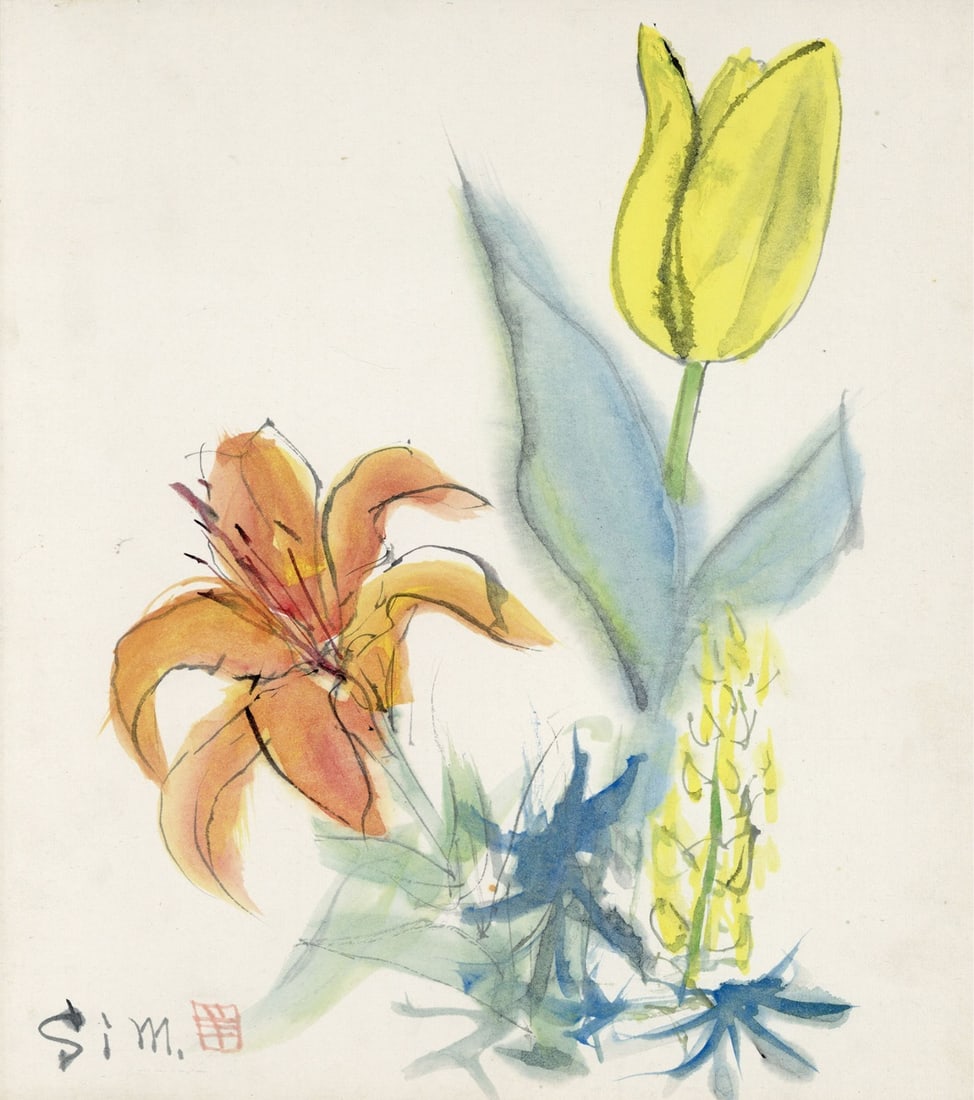 Yoshio Shimozato Japan Watercolor on paper Signed Flower Yellow Orange 2724.5cm: Yoshio Shimozato Japan Watercolor on paper Signed Flower Yellow Orange 2724.5cm Experience the beauty of traditional Japanese art with this stunning watercolor piece, signed by renowned artist Yoshio