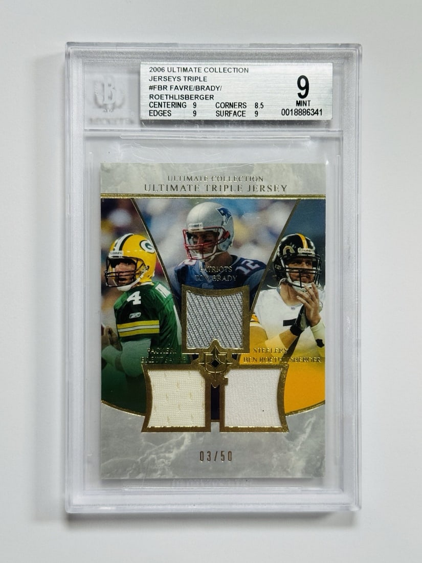 2006 ULTIMATE COLLECTION FAVRE/ BRADY/ ROETHLISBERGER #FBR TRIPLE JERSEY PATCH/ 50 (1 of 2)