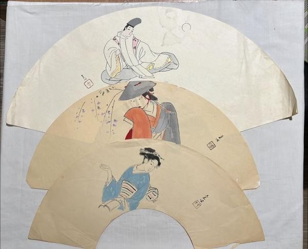 Sadao Nakamura woodblock print fan collection people geisha kimono flowers japan (1 of 6)