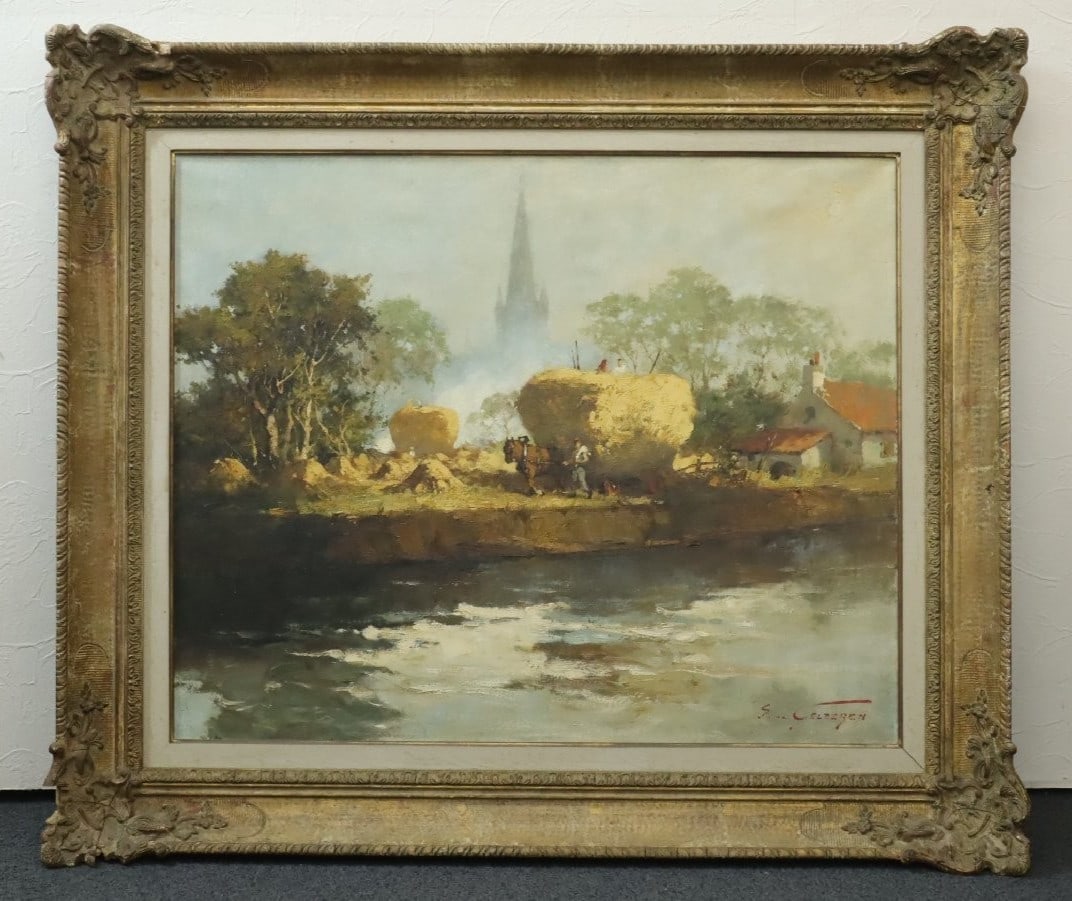 Belgian large oil painting of harvest landscape scene by Simon Van Gelderen. (1 of 10)