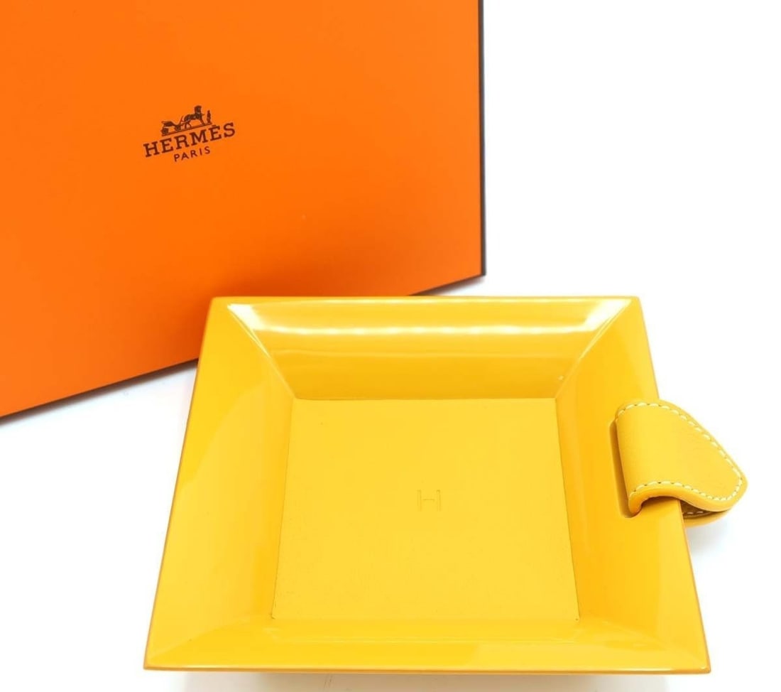 Hermes small leather item in yellow box with square tray and atrium poche. (1 of 7)