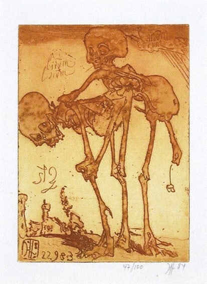 Horst Janssen Copperplate print Art 2 Skull Bone Orange Limited 100 1984 (1 of 2)