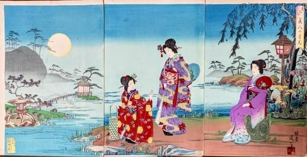 Nobukazu Japan Antique Woodblock Prints customs beautiful woman moon triptych (1 of 1)