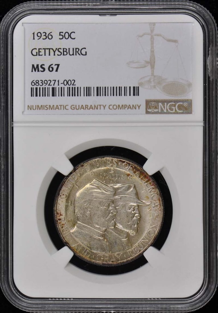 GETTYSBURG 1936 Silver Commemorative 50C NGC MS67: GETTYSBURG 1936 Silver Commemorative 50C NGC MS67 Gettysburg, Pennsylvania is forever etched in American history as the site of one of the bloodiest battles of the Civil War. This 1936 Silver Commemor